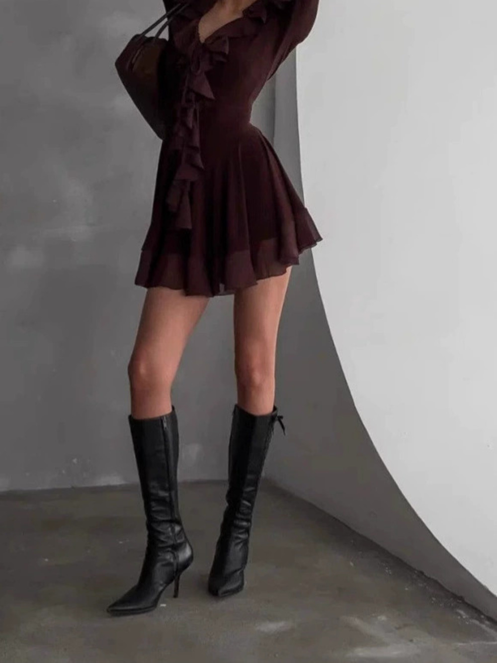 Zara Spring Solid Dark Spliced Ruffle Flared Sleeve Mesh Short Dress